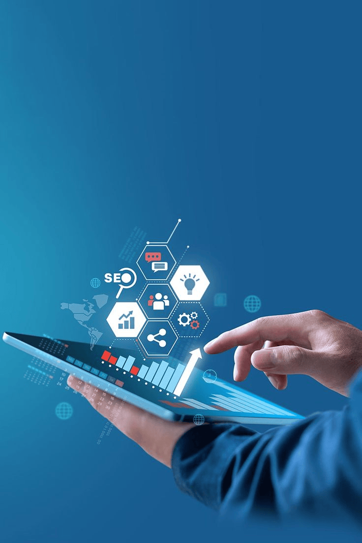 Person using a digital tablet with virtual interface icons representing digital marketing, and business growth