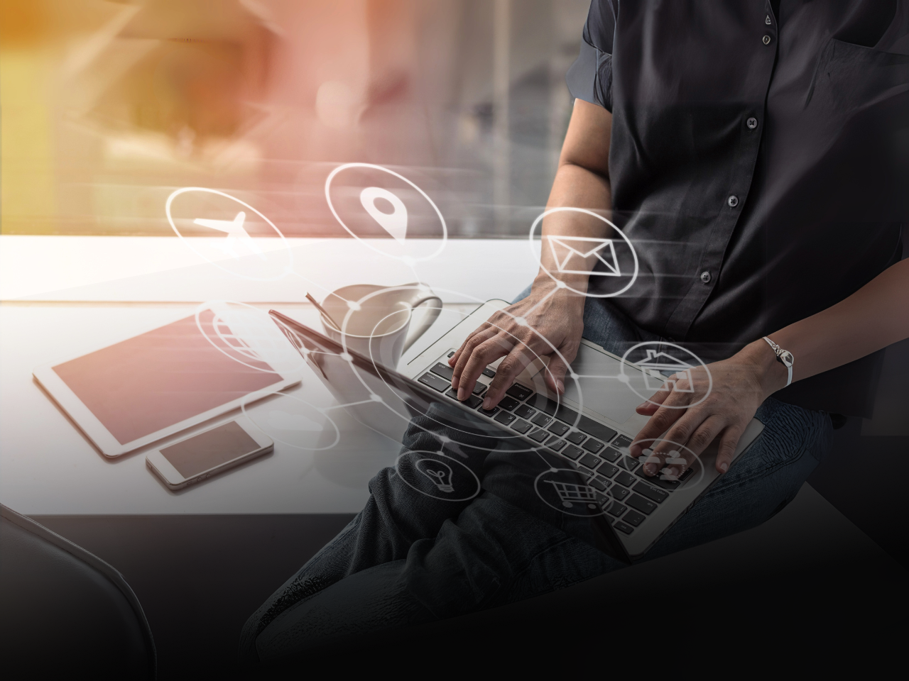 Digital marketing SEO search engine optimization via omnichannel communication network icon on computer