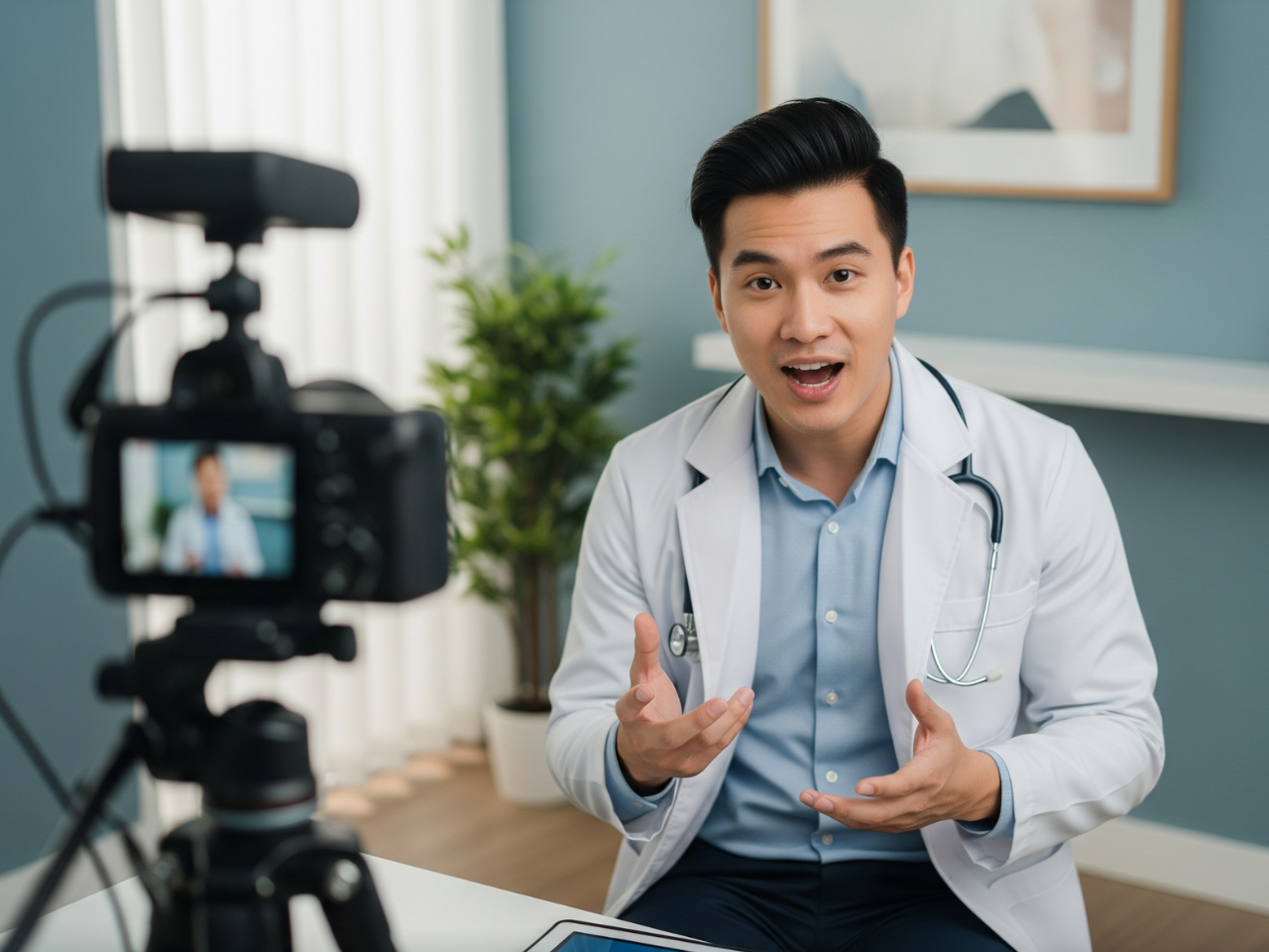 Asian male doctor in a white coat speaking confidently in front of a camera, recording a video in a well-lit, professional indoor setting.
