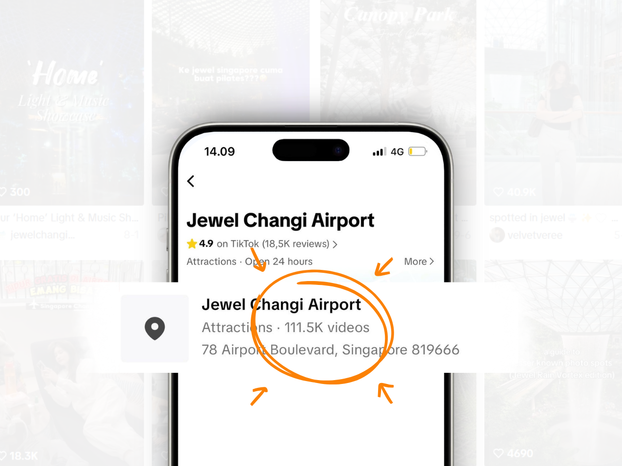Mobile screen close-up of Jewel Changi Airport on TikTok, showing more than 111.5K user-generated videos by visitors.