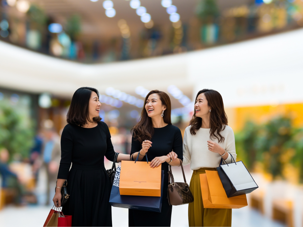 Three stylish Chinese women are smiling and carrying shopping bags in a modern, brightly lit shopping mall.