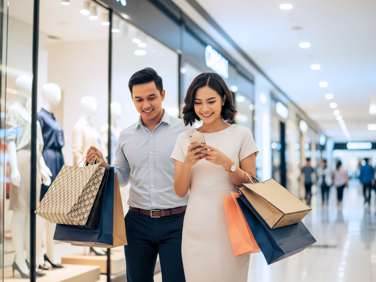 a well-dressed young Indonesian couple inside a modern shopping mall (1)