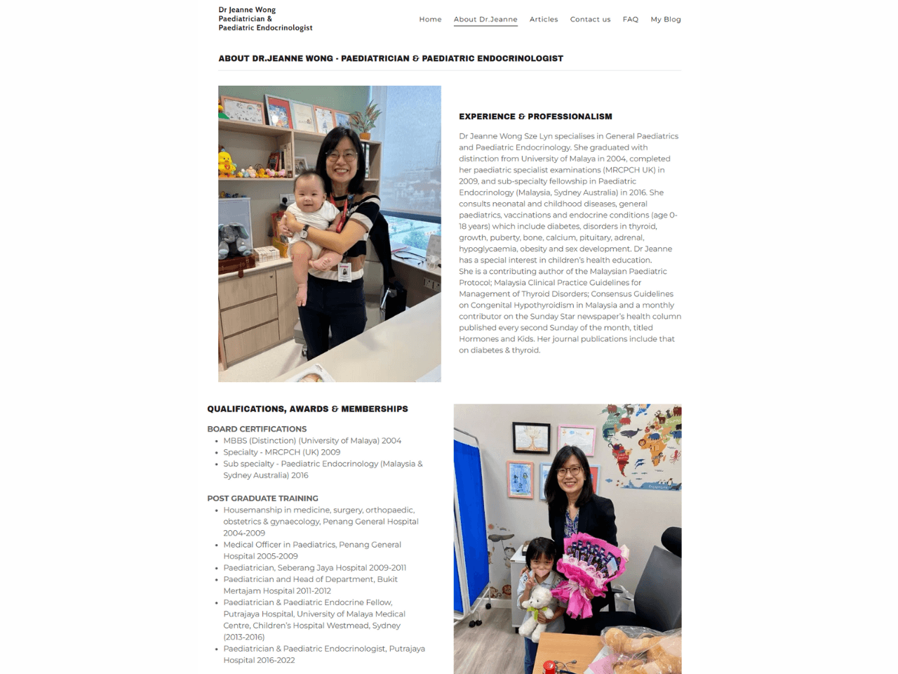 Doctor Profile page on Dr. Jeanne Wong’s website, showing medical credentials, experience, and contact details.