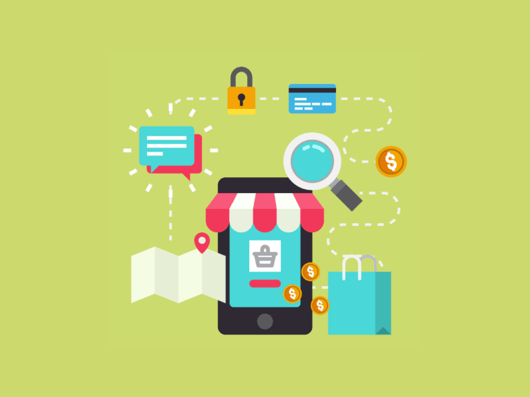 Phone, shopping icons and network with flat design