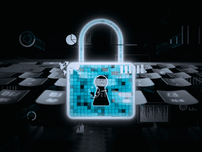Data security concept featuring a glowing padlock surrounded by digital graphics.