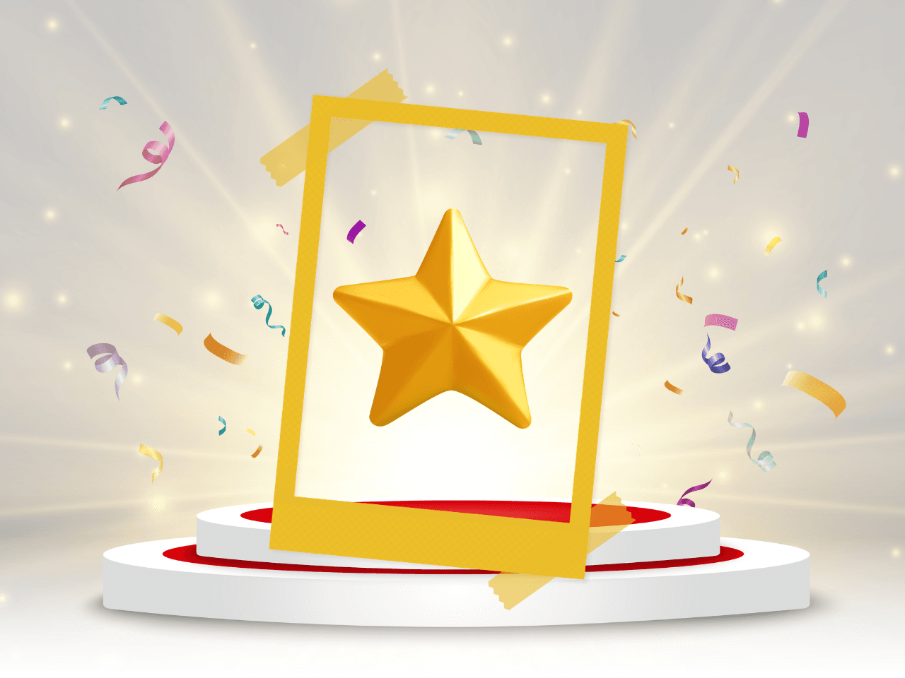 Winner background with signs of first, second and third place on a round pedestal. Vector winner podium sports symbols.